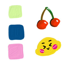 Vibrant Color Palette with Cute Lemon Character and Cherry Painting Style