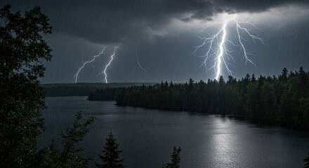 Stormy lake with lightning