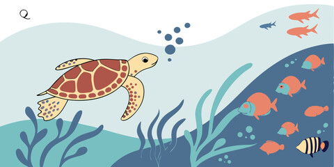 Obraz premium Cute underwater scene featuring sea turtle and various coral reef fishes in ocean