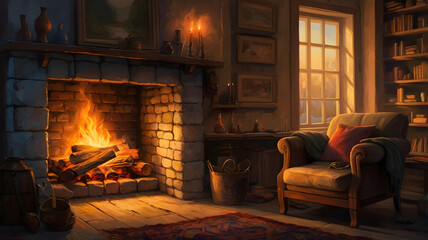 fireplace with burning logs, ai generated