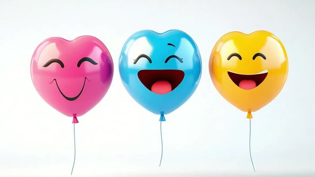 Colorful heart-shaped balloons with smiling faces against a plain background, perfect for celebrations