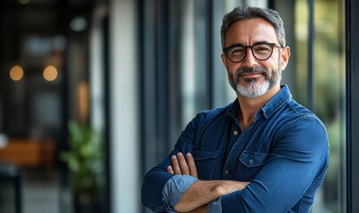 Happy mid aged older professional business man, mature latin executive manager, 50 years old investor standing in office arms crossed leaning at glass