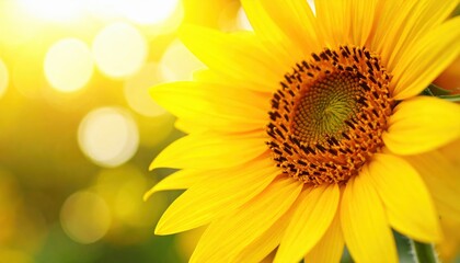 Fototapeta premium Sunflower's radiant glow: A close-up shot of a vibrant sunflower, bathed in golden sunlight. Petals unfurl in a display of natural beauty. 