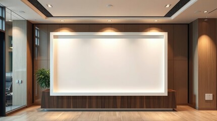 A modern office lobby showcases a large blank illuminated frame, plant, wood wall and floor.