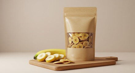 Banana Chips Package. Dried banana chips in a kraft paper bag.