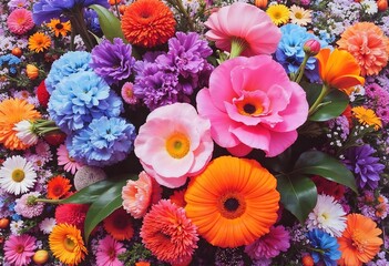 Colorful Flower Arrangement with Orange, Pink, Purple and Blue Blossoms