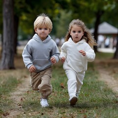 Fototapeta premium Two children in matching hoodies run through a park