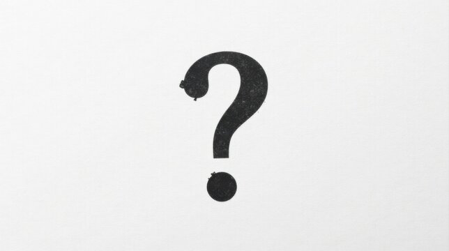 A single, bold, black question mark printed on a pristine white background, symbolizing inquiry, uncertainty, and the quest for knowledge.