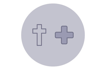 Two simple icons representing connection between Christianity and healthcare. Cross and medical plus sign