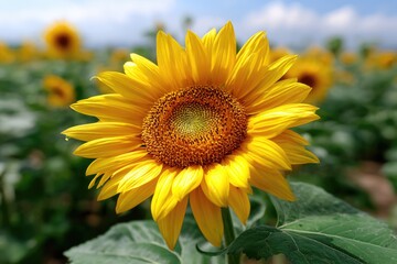 Naklejka premium A vibrant close-up of a fully bloomed sunflower, its golden yellow petals radiating outward from a rich textured brown center