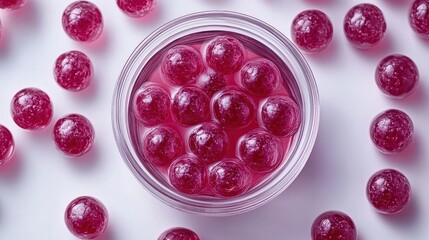 Colorful pink gummy candies in round glass bowl surrounded by more candies