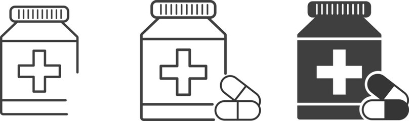 Obraz premium Pill bottle icon set. Health supplements. vitamin pills. packaging for healthcare. medical and pharmaceutical element 