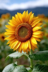 A vibrant close-up of a fully bloomed sunflower, its golden yellow petals radiating outward from a rich textured brown center