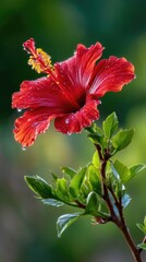 A vibrant close-up of a blooming hibiscus flower, its large petals unfolding in a brilliant shade of red with subtle gradients and a velvety texture