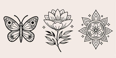 Elegant line art butterfly flower and mandala design elements with transparency