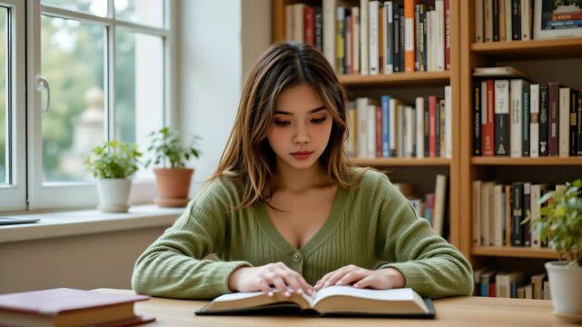 Young Woman Reading Book in Cozy Library with Natural Light and Shelves Full of Books and Greenery Nearby