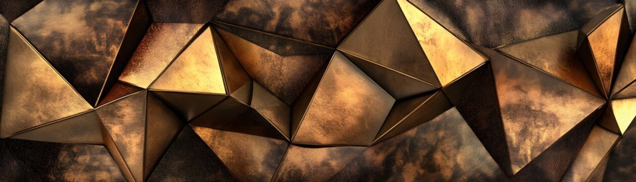 Abstract geometric design of overlapping bronze triangles.