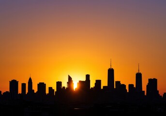 Sunrise over city skyline silhouette