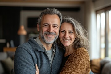 Happy smiling middle aged romantic affectionate couple mature older man and woman hugging standing at home together looking at camera enjoying bonding