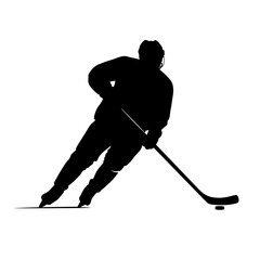 Silhouette of a hockey player skating with a stick and puck on a white background illustration