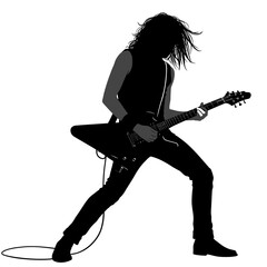 Silhouette of a long haired guitarist playing an electric guitar in a rock and roll style performance