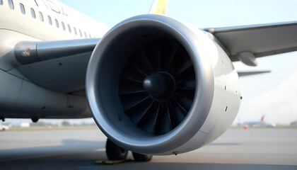 Obraz premium Close-up of an airplane engine, showing the intricate details of the fan blades and casing.