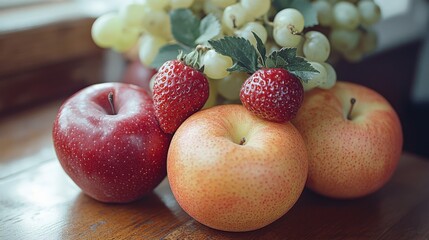 Fresh apples and strawberries with grapes on wooden table
