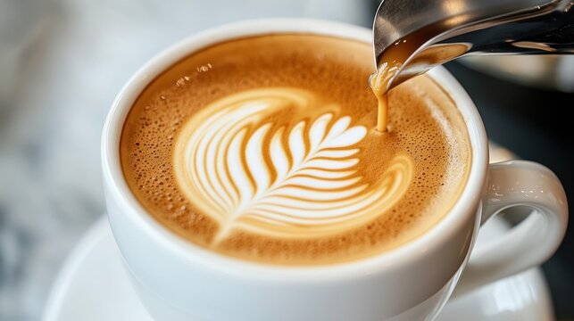 Pouring latte art coffee close up of a creamy coffee drink