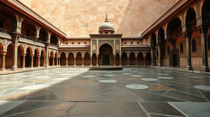 Warm tones illuminate the intricately designed Islamic architecture with patterned walls and