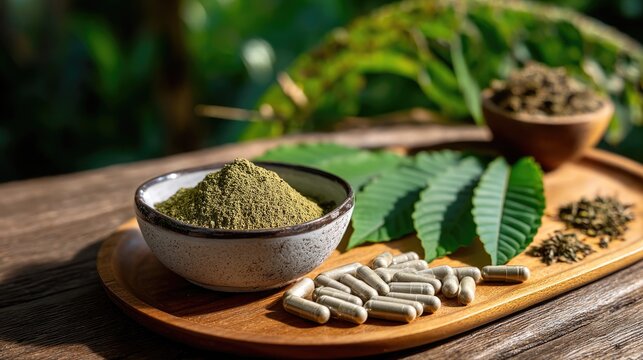 A  close-up of kratom products displayed on a rustic wooden surface: finely ground green kratom powder in a small ceramic bowl