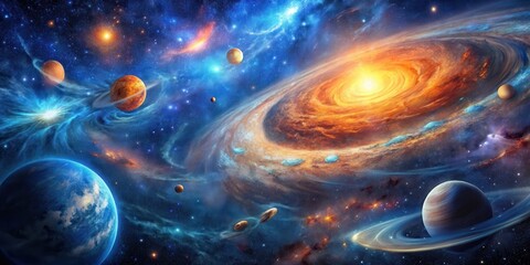 Cosmic night sky with swirling blue and orange hues, stars and planets in motion, nebula, galaxy