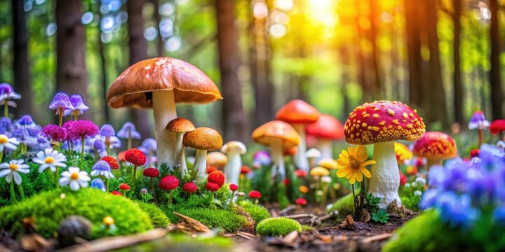 vibrant wild mushrooms with colorful caps surrounded by a carpet of blooming flowers in a lush forest clearing, nature, mushroom field - Powered by Adobe