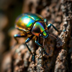 Iridescent Beetle on Tree Bark
