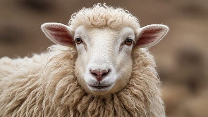 Close-up of a fluffy white sheep with soft, curly wool and expressive eyes.