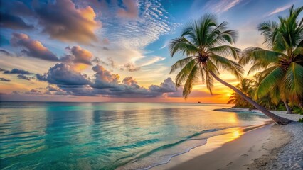 Softly glowing sunset over calm turquoise waters with powdery white sand and majestic palm trees swaying gently in the breeze , peaceful, serene