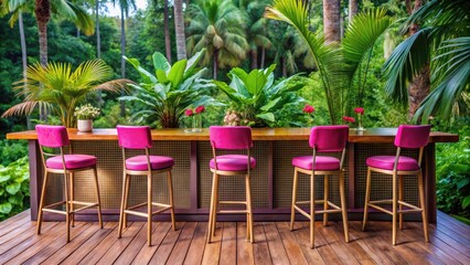 Elegant pink bar stools are placed on a wooden deck surrounded by lush green tropical palm trees with vibrant fronds and colorful flowers, bar counter, garden decor