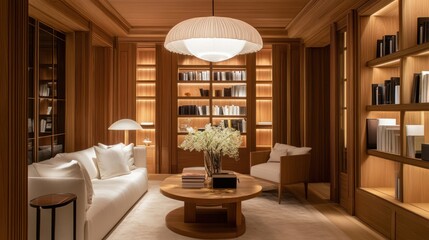 Luxurious wooden library, relaxing room, calm background, perfect for home decor magazines