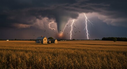 Dramatic Tornado and Lightning Storm Over Rural Farmland