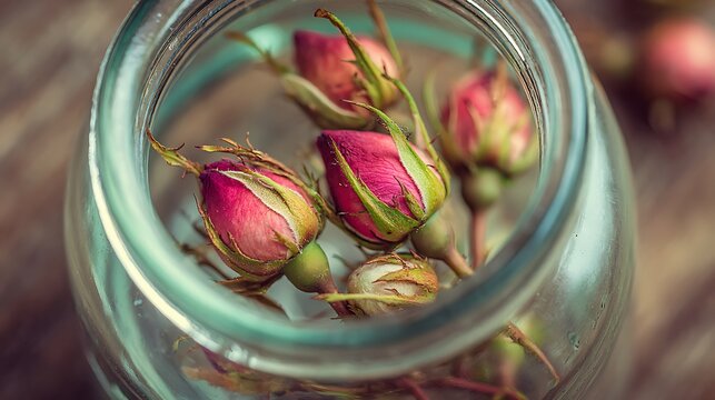 Close-up of colorful rose buds in a glass jar. Herbal medicine. .