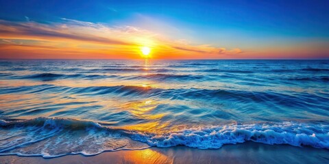 Obraz premium Oceanic sunset on a gradient blue background with waves gently lapping at the shore