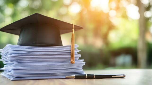 Graduation cap on papers education success concept academic achievement study completion