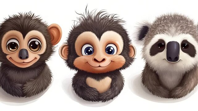 Cute cartoon animals featuring three adorable baby monkeys and a panda, showcasing playful expressions