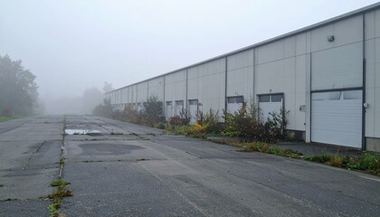Obraz premium Abandoned Logistics Hub with Loading Docks in Misty Atmosphere