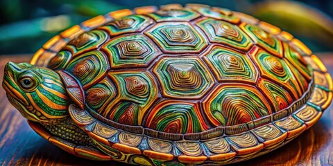 Intricately patterned turtle shell with swirling motifs and vibrant colors, intricate designs , turtle shell patterns