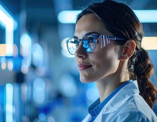 Scientific Brilliance: A determined, bespectacled scientist gazes intently into the future, embodying the essence of dedication and discovery within a high-tech laboratory setting.