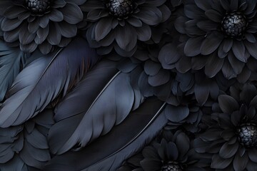 Elegant black dahlias and feathers creating a luxurious and dark floral texture background © Tithi