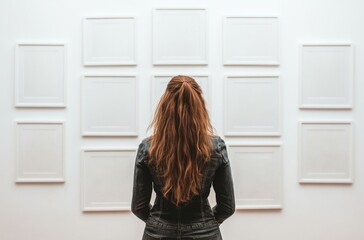 Female decorating a minimalist white wall with empty