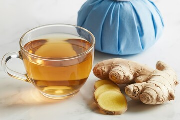 ginger tea and cold compress bag. Herbal remedy for flu