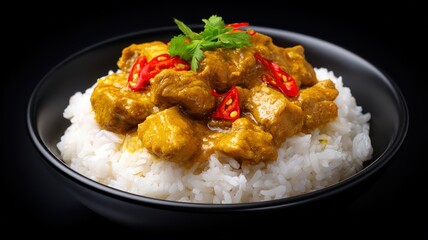 Yummy Asian Curry Bowl with Tender Chicken in Spicy Sauce Served Over Steamed Rice
