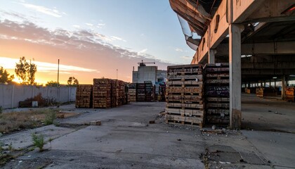 Abandoned Textile Warehouse with Stacked Pallets at Dawn Light